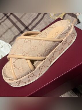 Gucci Beige GG Canvas Platform Crossover Mules